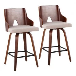Ariana 36.25 in. Counter Height Bar Stool in Beige Fabric and Walnut Wood (Set of 2) by Lumisource