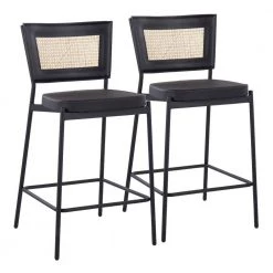 Tania 36 in. Black Faux Leather and Black Metal Counter Stool with Rattan Accent (Set of 2) by Lumisource