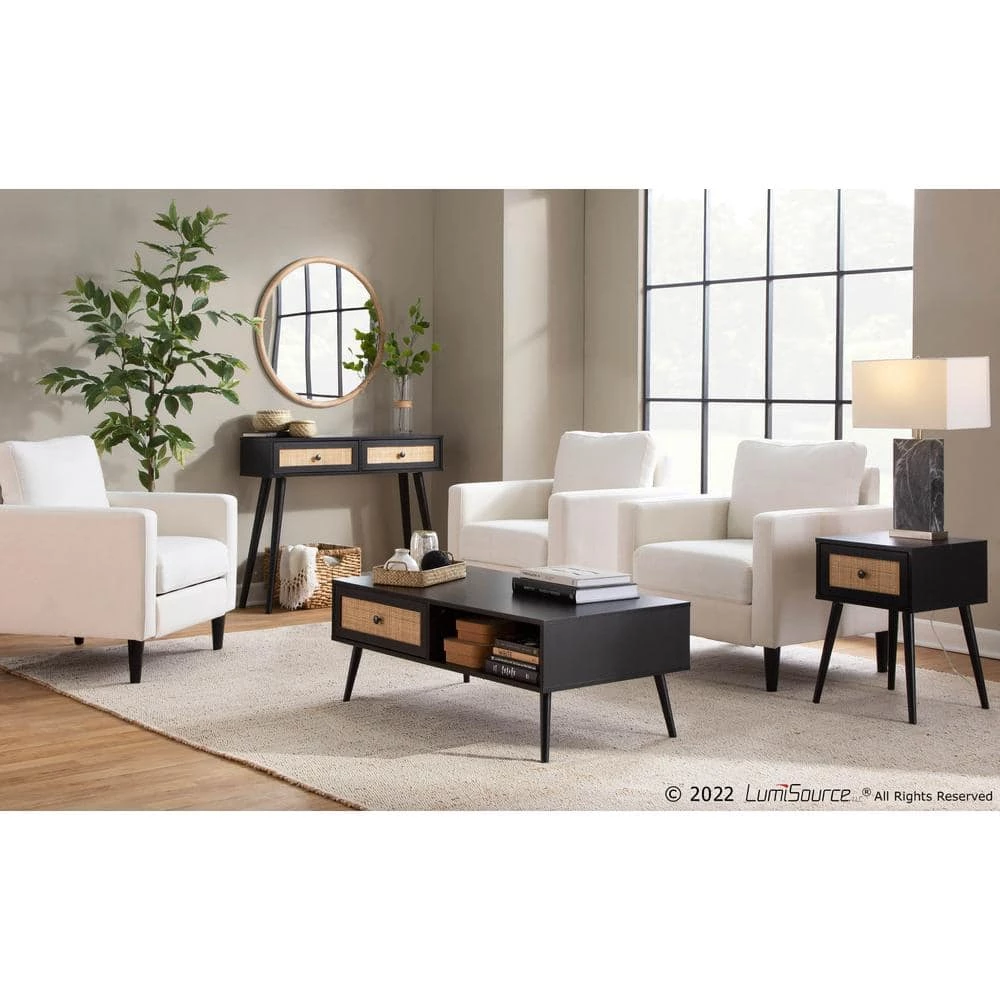 Bora Bora 23 .25 in. Black Rectangle Wood Coffee Table with Sliding Drawer and Rattan Accent by Lumisource 9 Bora Bora 23 .25 in. Black Rectangle Wood Coffee Table with Sliding Drawer and Rattan Accent by Lumisource - Image 7