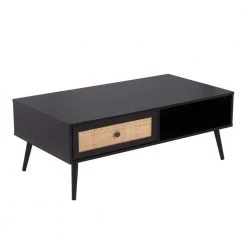 Bora Bora 23 .25 in. Black Rectangle Wood Coffee Table with Sliding Drawer and Rattan Accent by Lumisource