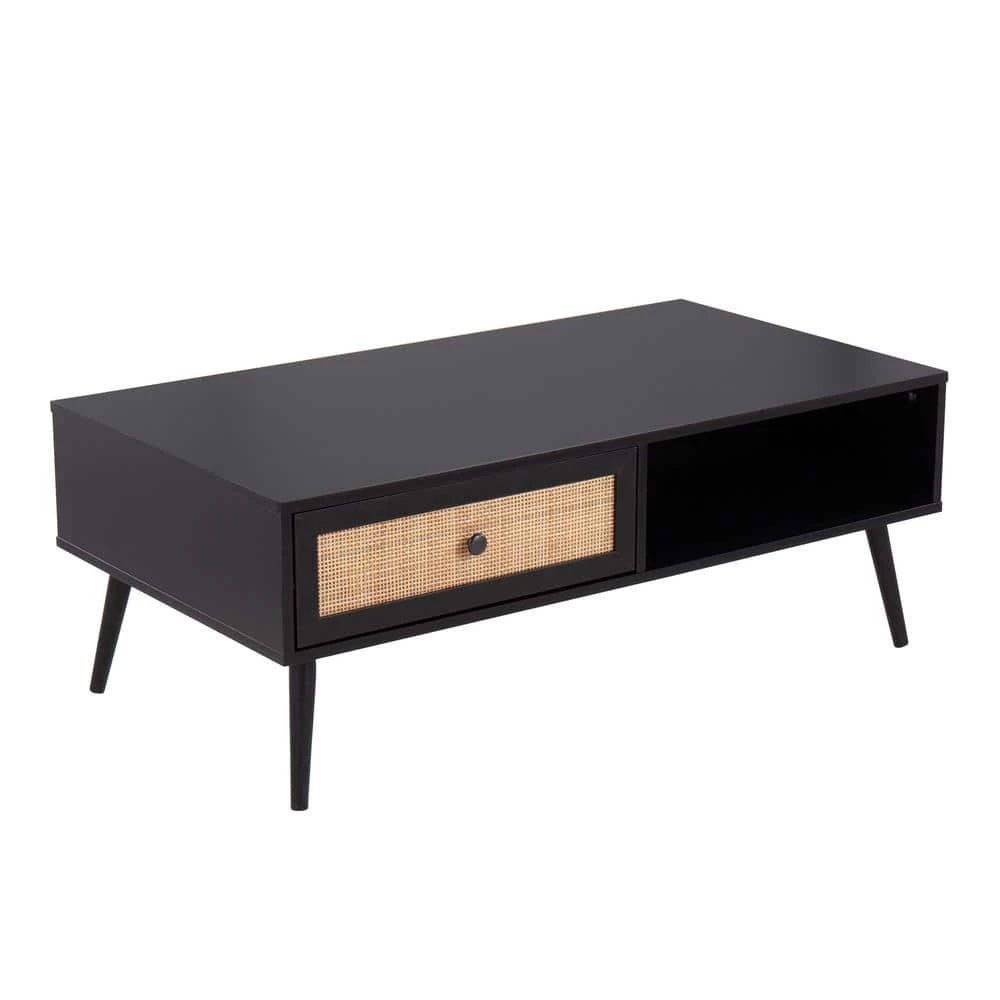 Bora Bora 23 .25 in. Black Rectangle Wood Coffee Table with Sliding Drawer and Rattan Accent by Lumisource 3 Bora Bora 23 .25 in. Black Rectangle Wood Coffee Table with Sliding Drawer and Rattan Accent by Lumisource