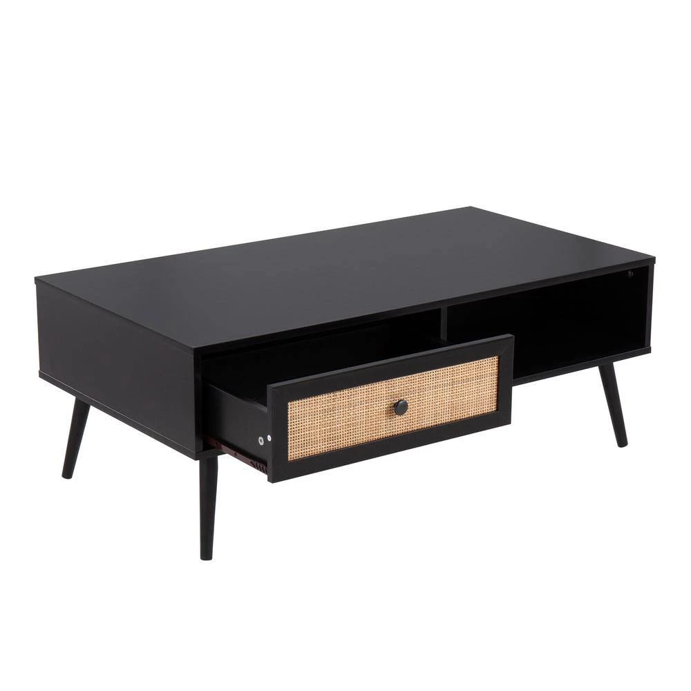 Bora Bora 23 .25 in. Black Rectangle Wood Coffee Table with Sliding Drawer and Rattan Accent by Lumisource 7 Bora Bora 23 .25 in. Black Rectangle Wood Coffee Table with Sliding Drawer and Rattan Accent by Lumisource - Image 5