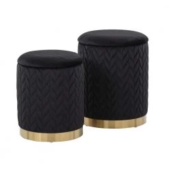 Marla Black Velvet and Gold Metal Quilted Nesting Ottoman Set by Lumisource