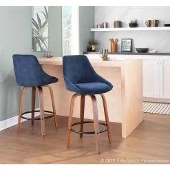 Diana 25.50 in. Solid Back Counter Height Stool in Blue Corduroy and Walnut Wood with Round Black Footrest (Set of 2) by Lumisource -Cheap Lumisource Store blue corduroy lumisource bar stools b26 dianacor grtq wlbu2 31 1000