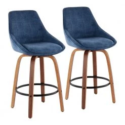 Diana 25.50 in. Solid Back Counter Height Stool in Blue Corduroy and Walnut Wood with Round Black Footrest (Set of 2) by Lumisource