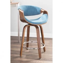 Curvini 34.5 in. Counter Height Bar Stool in Blue Fabric and Walnut Wood (Set of 2) by Lumisource -Cheap Lumisource Store blue fabric walnut wood lumisource bar stools b24 crvni2 swvr wlbu2 c3 1000