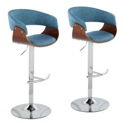 Vintage Mod 44.5 in. Adjustable Bar Stool in Blue Fabric and Walnut Wood (Set of 2) by Lumisource