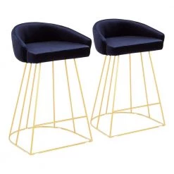 Canary 26 in. Blue Velvet and Gold Metal Upholstered Counter Stool (Set of 2) by Lumisource