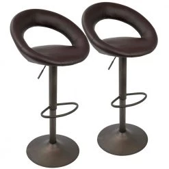 Metro Adjustable Height Bar Stool in Antique Metal and Brown Faux Leather (Set of 2) by Lumisource