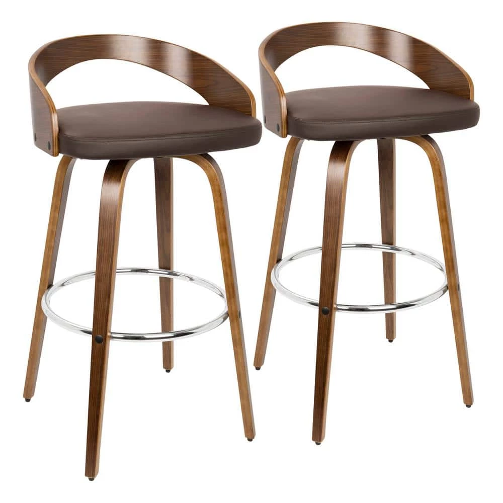 Grotto 35.25 in. Bar Stool in Brown Faux Leather and Walnut Wood (Set of 2) by Lumisource 3 Grotto 35.25 in. Bar Stool in Brown Faux Leather and Walnut Wood (Set of 2) by Lumisource