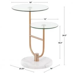 Trombone 23 in. Clear Glass, Gold Metal and White Marble Round Tiered Side Table by Lumisource -Cheap Lumisource Store clear glass gold metal white marble lumisource end side tables tb trombone wmbaugl 1f 1000