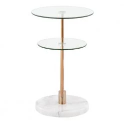 Trombone 23 in. Clear Glass, Gold Metal and White Marble Round Tiered Side Table by Lumisource -Cheap Lumisource Store clear glass gold metal white marble lumisource end side tables tb trombone wmbaugl 31 1000