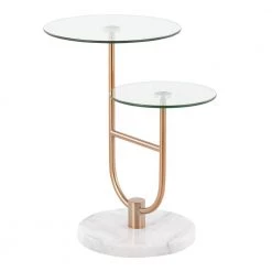 Trombone 23 in. Clear Glass, Gold Metal and White Marble Round Tiered Side Table by Lumisource