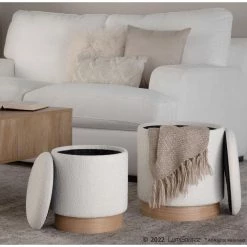 Marla Cream Fabric and Natural Wood Terry Cloth Nesting Ottoman Set by Lumisource -Cheap Lumisource Store cream fabric natural wood lumisource ottomans ot2 marlaterry nacr 77 1000