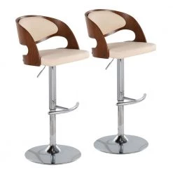 Pino 42.5 in. Adjustable Bar Stool in Cream Faux Leather and Chrome with Walnut Wood (Set of 2) by Lumisource