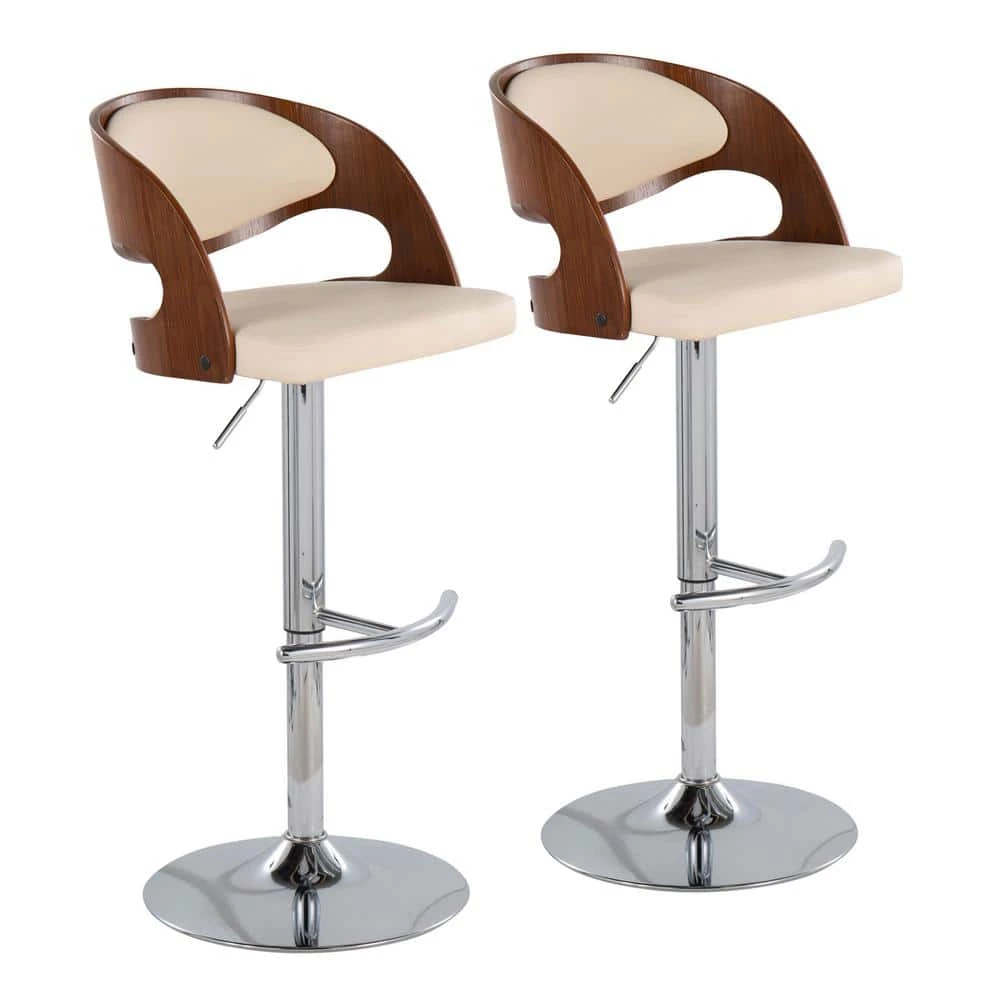 Pino 42.5 in. Adjustable Bar Stool in Cream Faux Leather and Chrome with Walnut Wood (Set of 2) by Lumisource 3 Pino 42.5 in. Adjustable Bar Stool in Cream Faux Leather and Chrome with Walnut Wood (Set of 2) by Lumisource