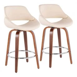 Fabrico 38 in. Cream Faux Leather and Walnut Wood High Back Counter H Bar Stool with Round Chrome Footrest (Set of 2) by Lumisource