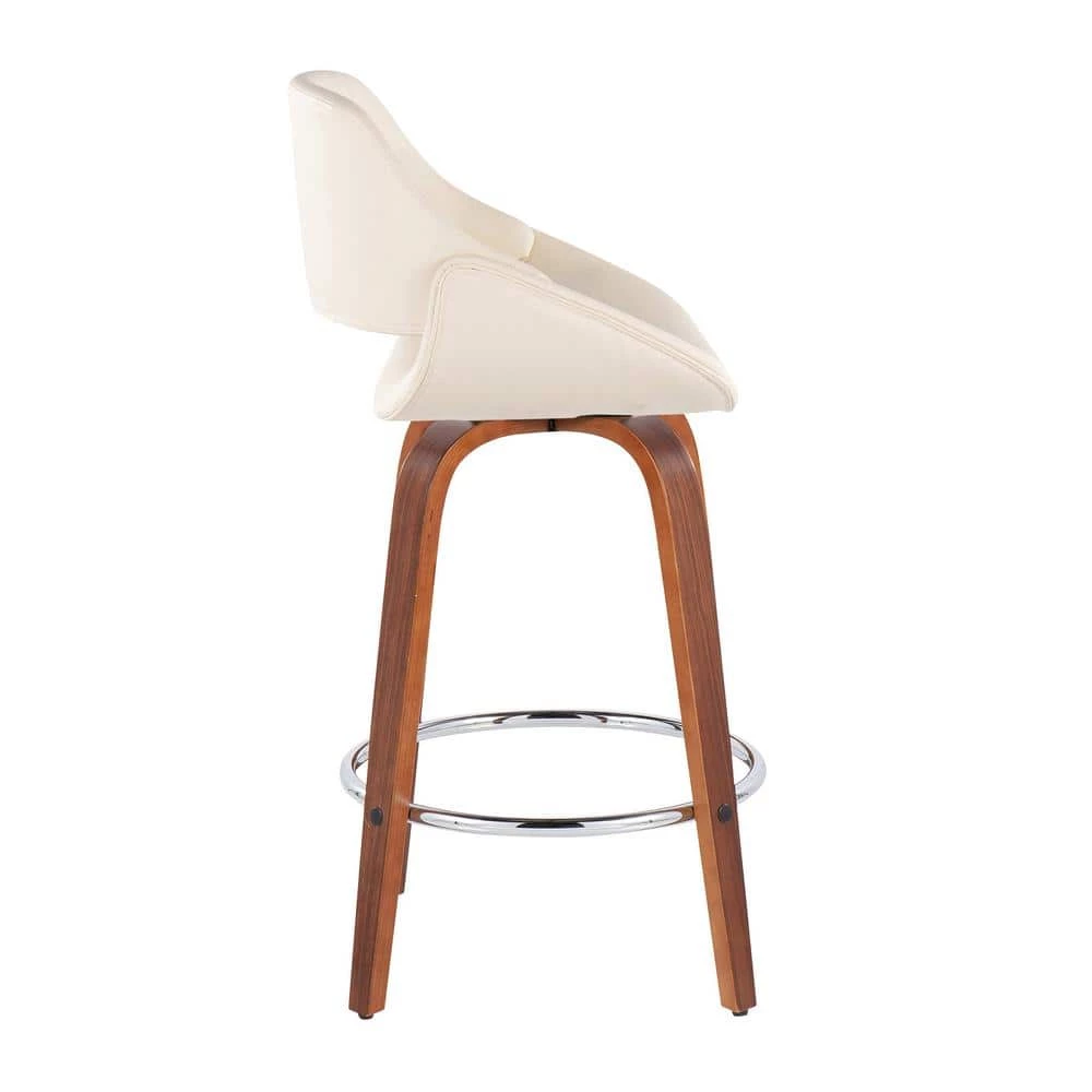 Fabrico 38 in. Cream Faux Leather and Walnut Wood High Back Counter H Bar Stool with Round Chrome Footrest (Set of 2) by Lumisource 4 Fabrico 38 in. Cream Faux Leather and Walnut Wood High Back Counter H Bar Stool with Round Chrome Footrest (Set of 2) by Lumisource - Image 2