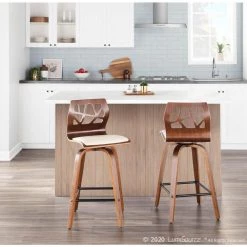 Folia 36 in. Counter Height Bar Stool in Cream Faux Leather and Walnut Wood with Square Black Footrest (Set of 2) by Lumisource -Cheap Lumisource Store cream faux leather walnut wood lumisource bar stools b26 folia2 swvx wlcr2 31 1000