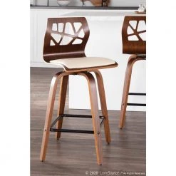 Folia 36 in. Counter Height Bar Stool in Cream Faux Leather and Walnut Wood with Square Black Footrest (Set of 2) by Lumisource -Cheap Lumisource Store cream faux leather walnut wood lumisource bar stools b26 folia2 swvx wlcr2 c3 1000
