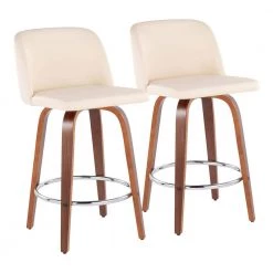 Toriano 35 in. Cream Faux Leather and Walnut Wood-Counter Height Bar Stool with Round Chrome Footrest (Set of 2) by Lumisource