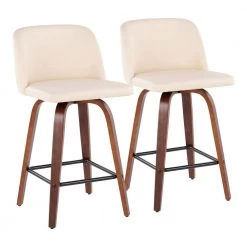 Toriano 35 in. Cream Faux Leather and Walnut Wood-Counter Height Bar Stool with Square Black Footrest (Set of 2) by Lumisource