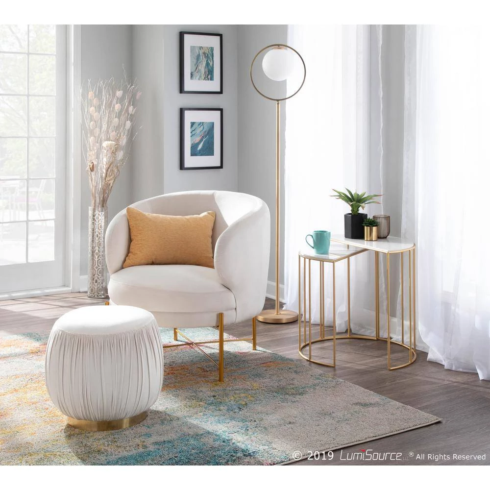 Ruched Cream Velvet and Gold Ottoman by Lumisource 5 Ruched Cream Velvet and Gold Ottoman by Lumisource - Image 3