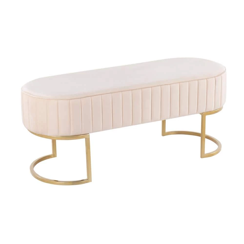 Demi Cream Velvet and Gold Steel Pleated Bench (16.5 in. x 41 in. x 16 in. ) by Lumisource 2 Demi Cream Velvet and Gold Steel Pleated Bench (16.5 in. x 41 in. x 16 in. ) by Lumisource