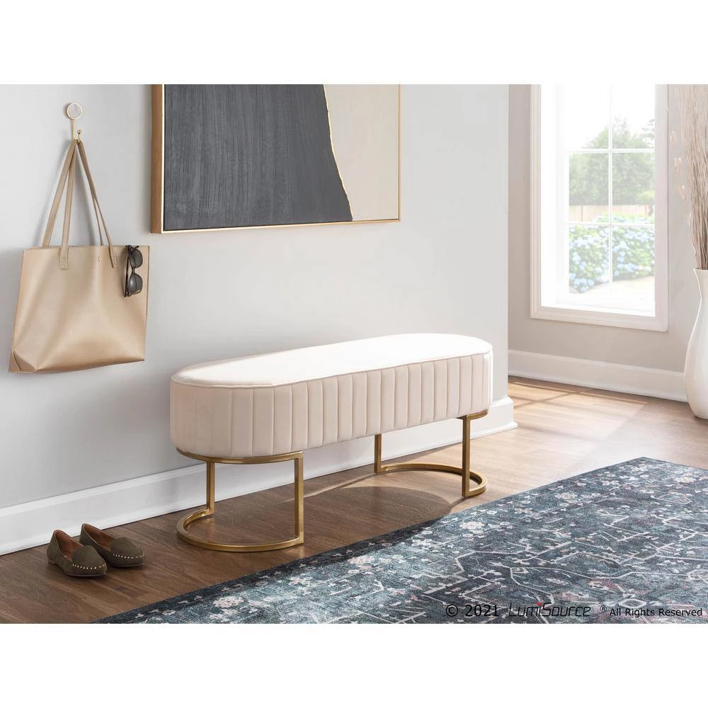 Demi Cream Velvet and Gold Steel Pleated Bench (16.5 in. x 41 in. x 16 in. ) by Lumisource 6 Demi Cream Velvet and Gold Steel Pleated Bench (16.5 in. x 41 in. x 16 in. ) by Lumisource - Image 5