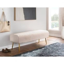 Marla Cream Velvet and Gold Steel Pleated Bench (18.5 in. x 50.5 in. x 18 in. ) by Lumisource -Cheap Lumisource Store cream velvet gold steel lumisource bedroom benches bc marlaplt auvcr c3 1000