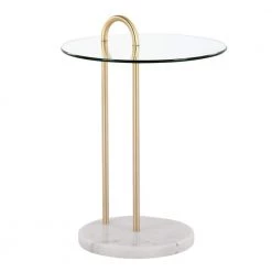 Claire 18 in. Gold Steel and White Marble Round Clear Glass End Table by Lumisource