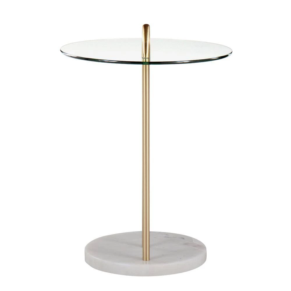 Claire 18 in. Gold Steel and White Marble Round Clear Glass End Table by Lumisource 6 Claire 18 in. Gold Steel and White Marble Round Clear Glass End Table by Lumisource - Image 4