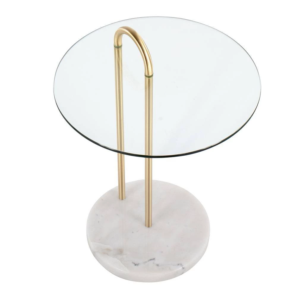 Claire 18 in. Gold Steel and White Marble Round Clear Glass End Table by Lumisource 5 Claire 18 in. Gold Steel and White Marble Round Clear Glass End Table by Lumisource - Image 3