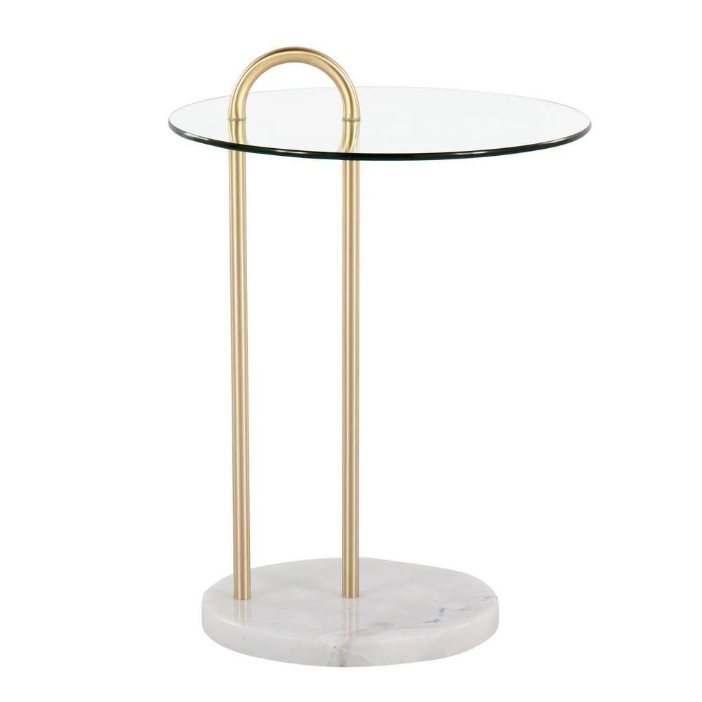 Claire 18 in. Gold Steel and White Marble Round Clear Glass End Table by Lumisource 4 Claire 18 in. Gold Steel and White Marble Round Clear Glass End Table by Lumisource - Image 2