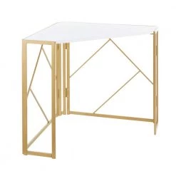 Folia 43 in. White Corner Desk in Gold Metal and Wood by Lumisource
