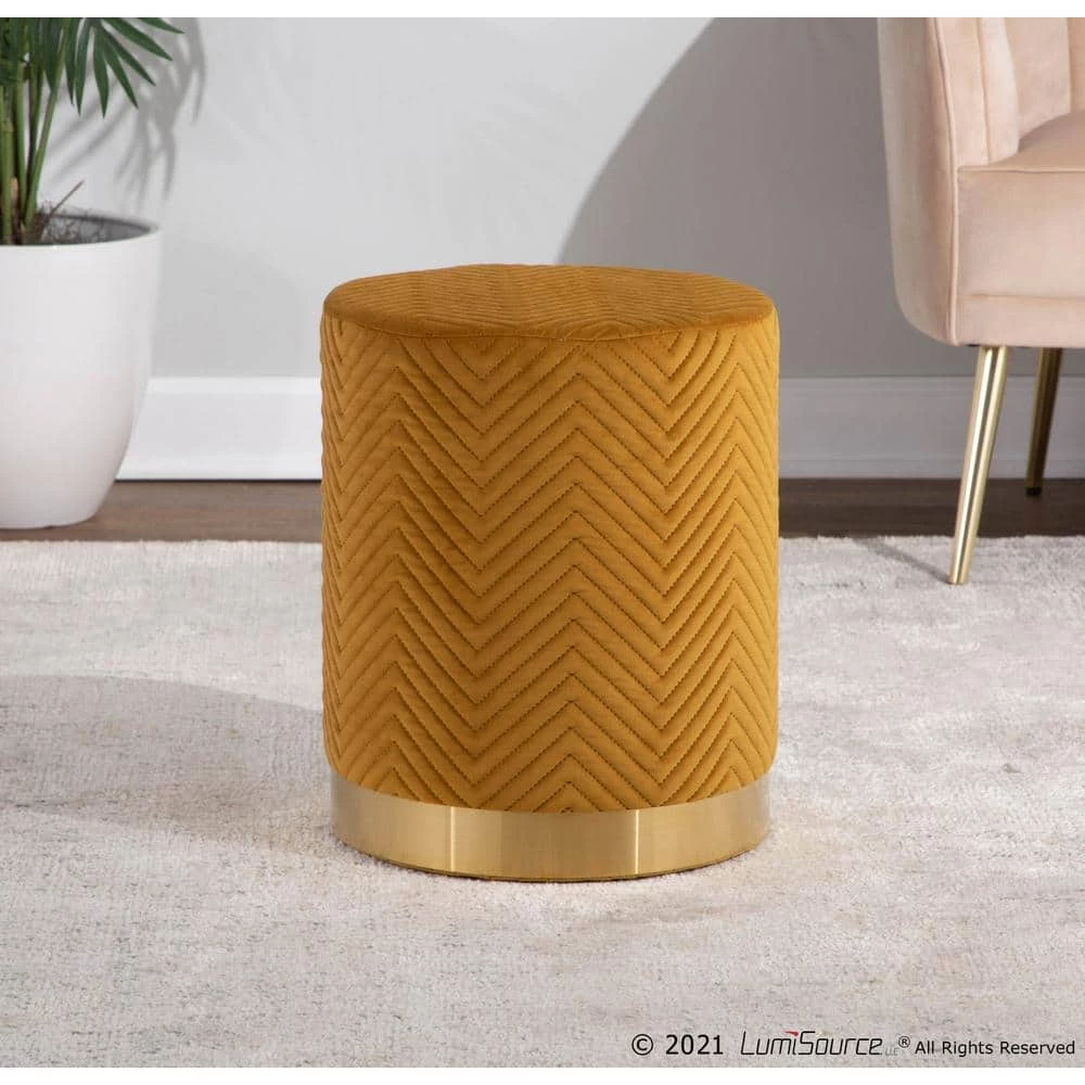 Marla Chevron Ottoman in Golden Velvet and Gold Steel by Lumisource 6 Marla Chevron Ottoman in Golden Velvet and Gold Steel by Lumisource - Image 4