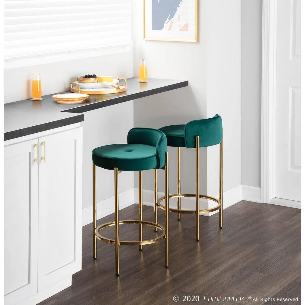 Chloe Counter Stool in Green Velvet and Gold Metal (Set of 2) by Lumisource 9 Chloe Counter Stool in Green Velvet and Gold Metal (Set of 2) by Lumisource - Image 7