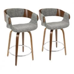 Elisa 33 in. Counter Height Bar Stool in Grey Fabric and Walnut Wood (Set of 2) by Lumisource