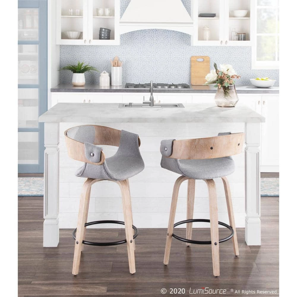 Elisa 34.5 in. Counter Height Bar Stool in Grey Fabric and White Washed Wood (Set of 2) by Lumisource 13 Elisa 34.5 in. Counter Height Bar Stool in Grey Fabric and White Washed Wood (Set of 2) by Lumisource - Image 11