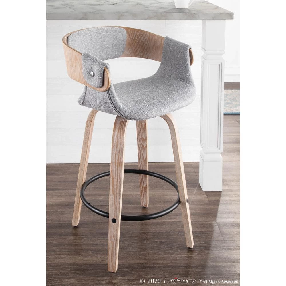 Elisa 34.5 in. Counter Height Bar Stool in Grey Fabric and White Washed Wood (Set of 2) by Lumisource 8 Elisa 34.5 in. Counter Height Bar Stool in Grey Fabric and White Washed Wood (Set of 2) by Lumisource - Image 6