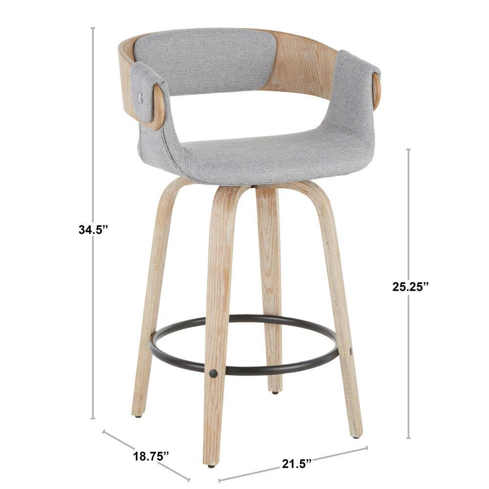 Elisa 34.5 in. Counter Height Bar Stool in Grey Fabric and White Washed Wood (Set of 2) by Lumisource 12 Elisa 34.5 in. Counter Height Bar Stool in Grey Fabric and White Washed Wood (Set of 2) by Lumisource - Image 10