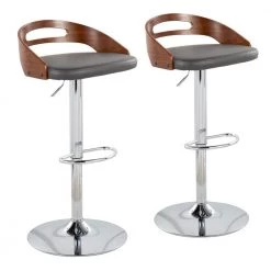 Cassis 38 in. Adjustable Bar Stool in Grey Faux Leather and Chrome with Walnut Wood (Set of 2) by Lumisource