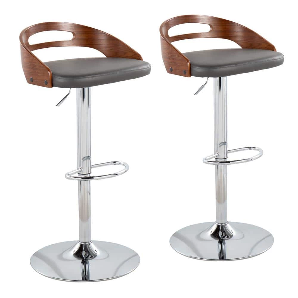 Cassis 38 in. Adjustable Bar Stool in Grey Faux Leather and Chrome with Walnut Wood (Set of 2) by Lumisource 3 Cassis 38 in. Adjustable Bar Stool in Grey Faux Leather and Chrome with Walnut Wood (Set of 2) by Lumisource