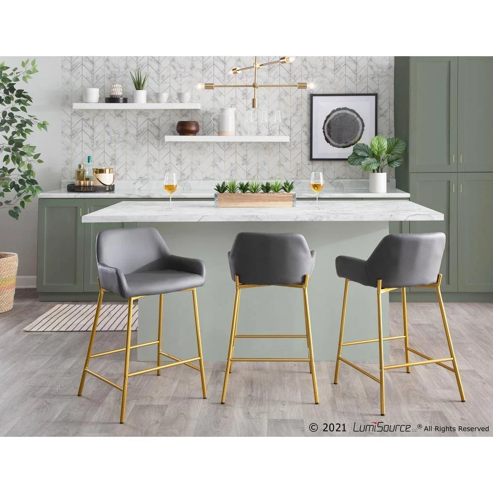 Daniella 33 in. Fixed-Height Grey Faux Leather and Gold Steel Counter Height Bar Stool (Set of 2) by Lumisource 7 Daniella 33 in. Fixed-Height Grey Faux Leather and Gold Steel Counter Height Bar Stool (Set of 2) by Lumisource - Image 5
