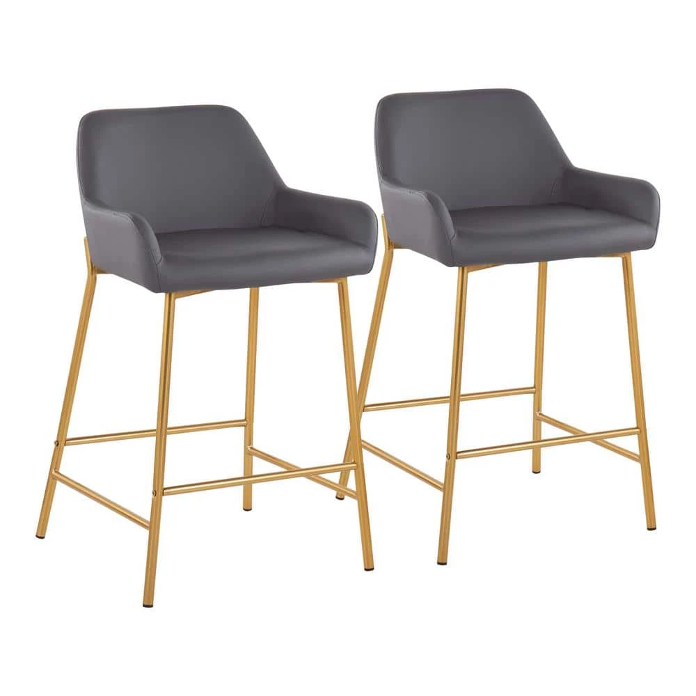 Daniella 33 in. Fixed-Height Grey Faux Leather and Gold Steel Counter Height Bar Stool (Set of 2) by Lumisource 3 Daniella 33 in. Fixed-Height Grey Faux Leather and Gold Steel Counter Height Bar Stool (Set of 2) by Lumisource