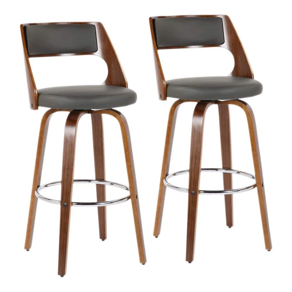 Cecina 40.25 in. Bar Stool in Grey Faux Leather and Walnut Wood (Set of 2) by Lumisource 3 Cecina 40.25 in. Bar Stool in Grey Faux Leather and Walnut Wood (Set of 2) by Lumisource
