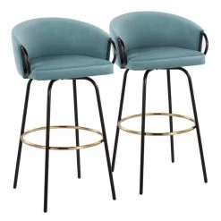 Claire 38.25 in. Light Blue Velvet and Black Metal Low Back Bar Stool with Gold Footrest (Set of 2) by Lumisource