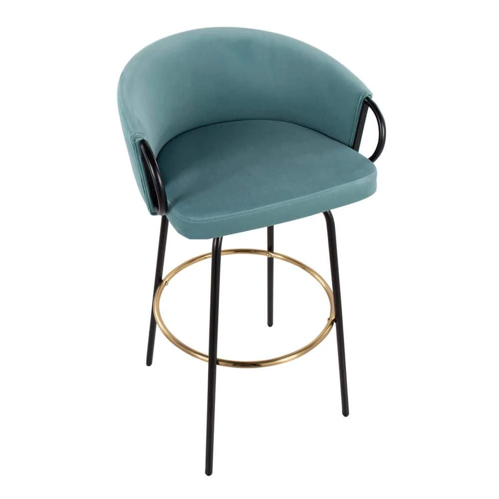 Claire 38.25 in. Light Blue Velvet and Black Metal Low Back Bar Stool with Gold Footrest (Set of 2) by Lumisource 5 Claire 38.25 in. Light Blue Velvet and Black Metal Low Back Bar Stool with Gold Footrest (Set of 2) by Lumisource - Image 3