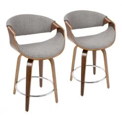 Curvini 24 in. Walnut and Grey Fabric Counter Stool (Set of 2) by Lumisource -Cheap Lumisource Store light gray walnut lumisource bar stools b24 crvnir wllgy2 1d 1000