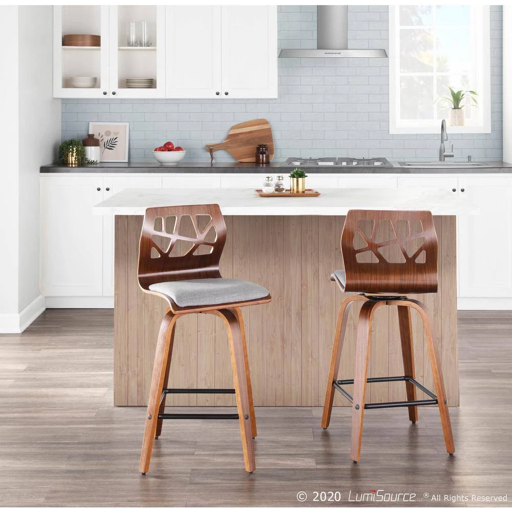Folia 26 in. Walnut Wood and Light Grey Fabric Counter Stool (Set of 2) by Lumisource 11 Folia 26 in. Walnut Wood and Light Grey Fabric Counter Stool (Set of 2) by Lumisource - Image 9